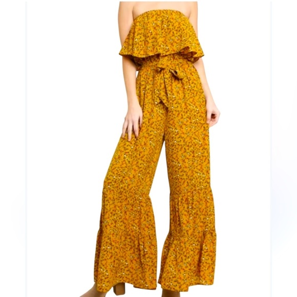 Umgee Mustard Yellow Off Shoulder Ruffled Floral Jumpsuit, Women’s Sz S - Picture 2 of 7